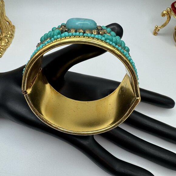 Modern Beaded Cuff Bracelet Turquoise Gold Tone Boho Statement Wide Bangle - Picture 6 of 7